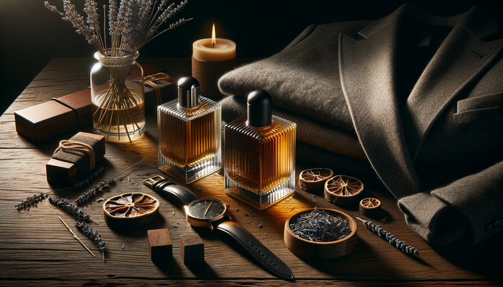 Three premium men's cologne bottles arranged on polished dark walnut with a tailored charcoal blazer, vintage leather watch and dried lavender, lit by warm golden side light