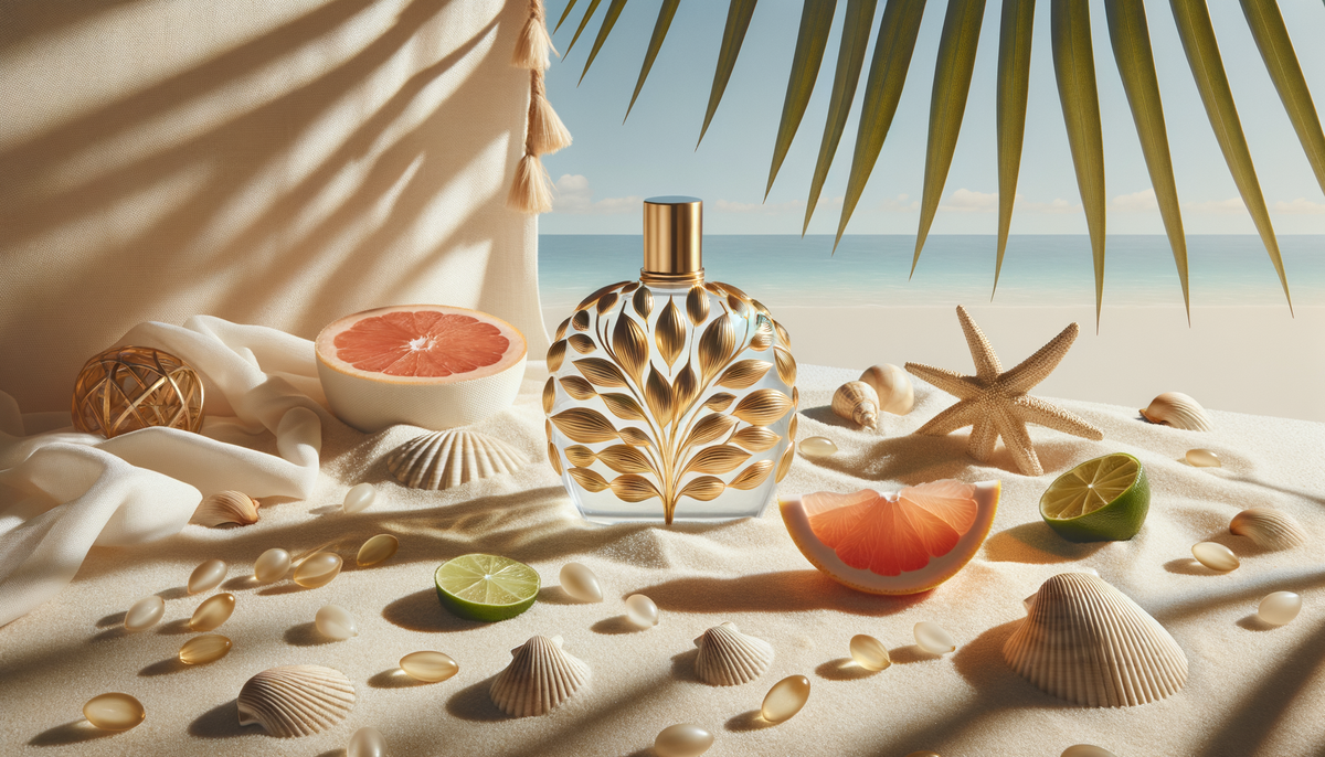 Summer perfume bottle on sunlit white sand with palm leaf shadows, fresh citrus and a soft blue ocean horizon, evoking US coastal warmth