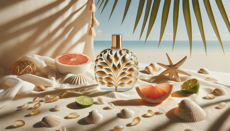 Summer perfume bottle on sunlit white sand with palm leaf shadows, fresh citrus and a soft blue ocean horizon, evoking US coastal warmth