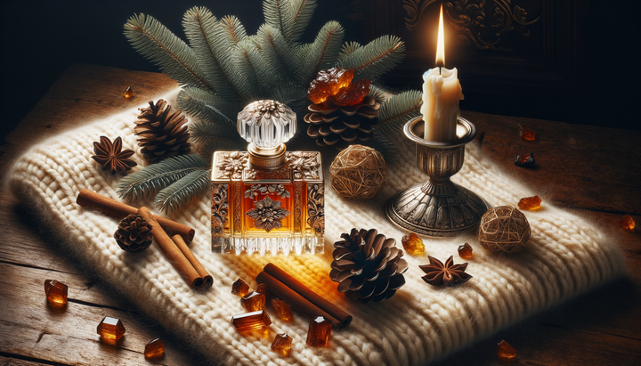 Luxury winter fragrance bottle resting on cream wool with pine branches, amber crystals and soft candlelight on a dark wood surface