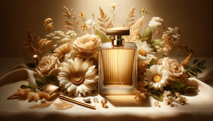 Elegant summer fragrance bottle surrounded by fresh citrus fruits, white flowers and soft greenery under warm natural sunlight