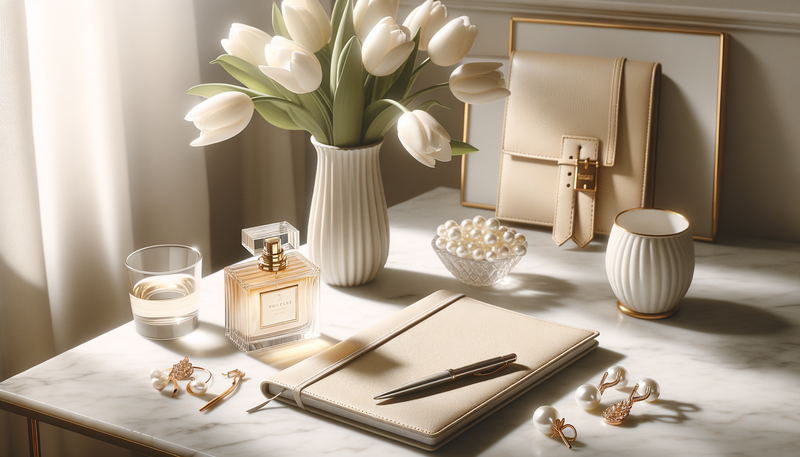Sophisticated women's perfume bottle on a white marble desk beside a leather notebook, pearl earrings and fresh white tulips, soft daylight
