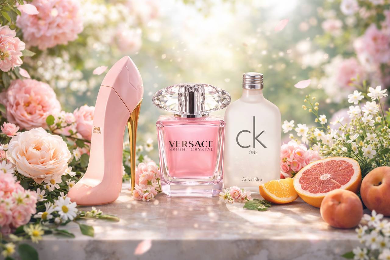 Premium fragrance bottles arranged with a soft floral background